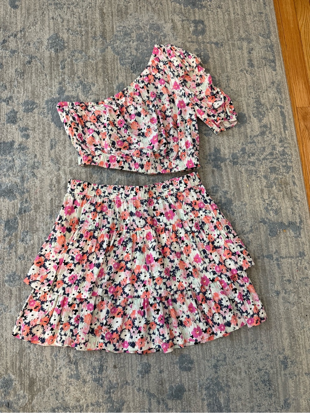 Universal Thread Pink Floral One-Shoulder Crop Top & Tiered Skirt Set